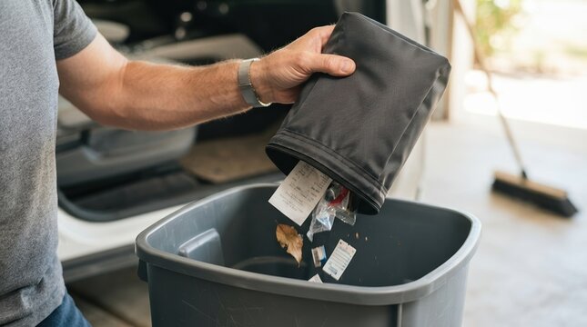 Middle-aged man emptying a portable car trash can into a large recycling bin in a garage