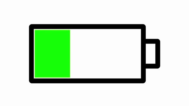 Battery with low charge level, green indicator, and power status icon design symbol