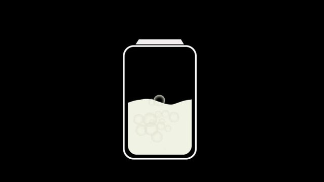 Minimalist battery icon showing energy level with liquid and bubbles design on black background