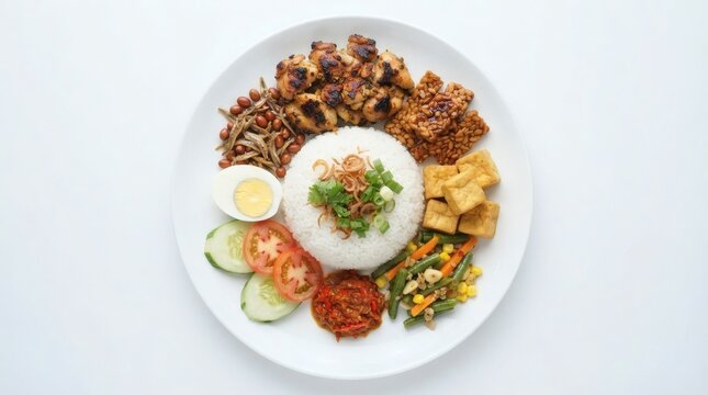 Top Down Colorful Nasi Campur Platter Rice Chicken Tempeh Tofu Vegetables Sambal

