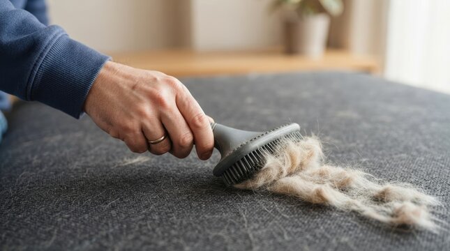 Man cleaning pet hair from a couch with a specialized brush, illustrating pet care and home cleaning concepts