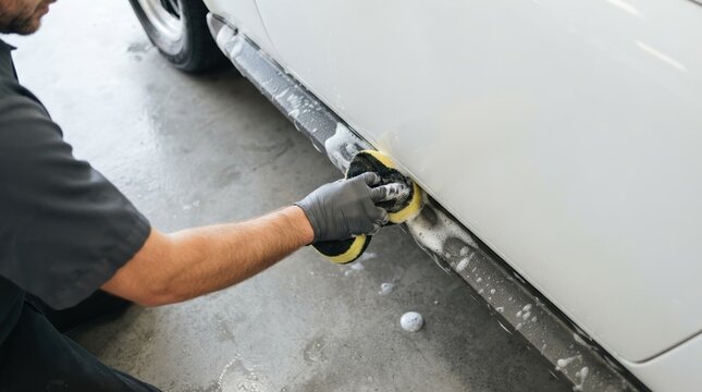 Professional male car detailer washing a white vehicle with a soapy sponge in a garage