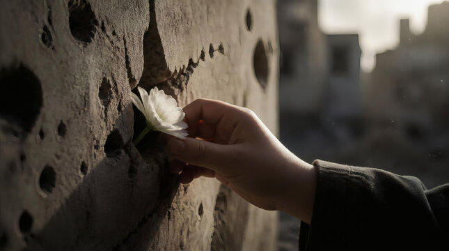 Hand Placing White Flower into Damaged Wall Symbol of Peace Resilience