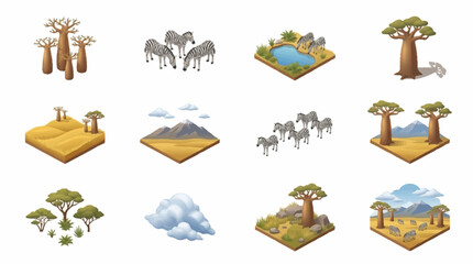 Obraz premium Colorful isometric illustrations of African wildlife and landscapes.