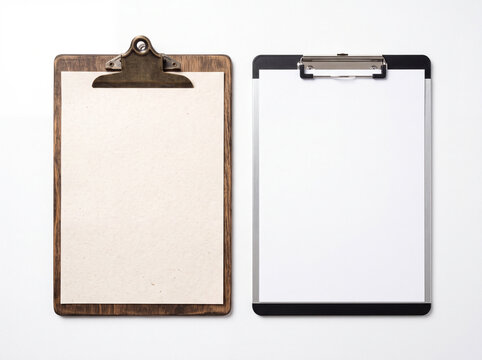 Old vs new clipboards mockup concept, top view flat lay comparison of rustic vintage dark wooden clipboard with craft paper and modern sleek office clipboard with crisp white paper isolated on white