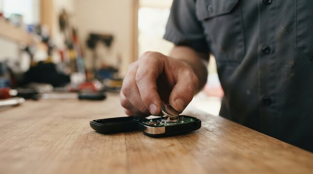 Man changing battery in car key fob on wooden workbench in workshop