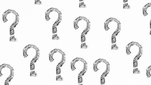 Distressed Metallic Question Mark Pattern Evoking Intrigue and the Unresolved Unknown, Against a Minimal White Canvas