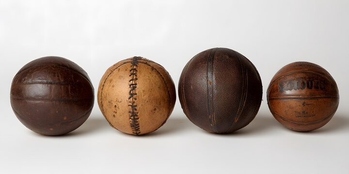 Four vintage leather balls arranged in a row against a white background showing different sports equipment from past eras