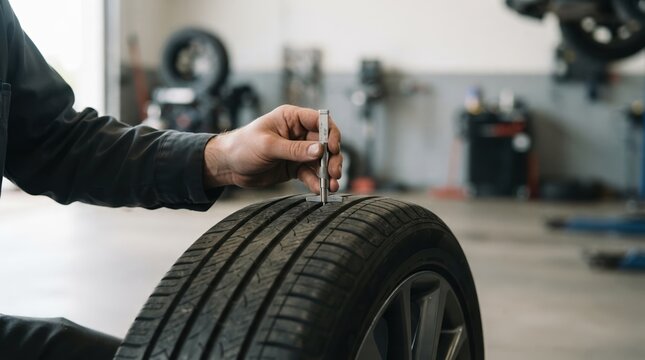 Professional mechanic checking tire tread depth with a gauge in an auto repair shop