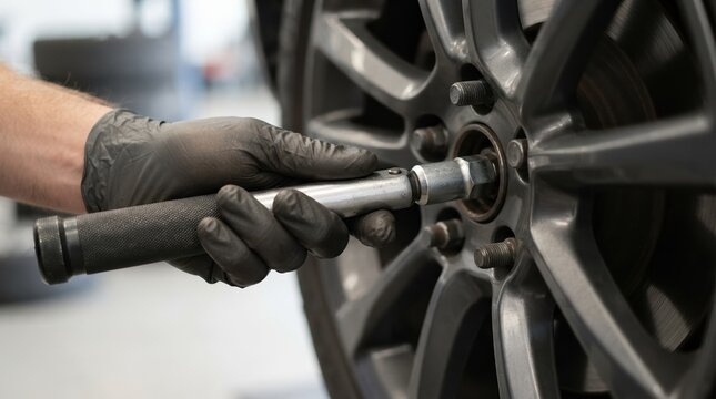 Mechanic using a torque wrench to tighten lug nuts on a car wheel in an auto repair shop