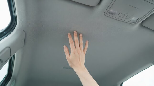 Woman checking for sagging car headliner interior roof damage replacement maintenance