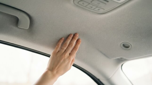 Woman touching the car ceiling headliner interior roof fabric with her hand