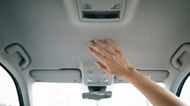 Woman touching car ceiling headliner interior car roof fabric upholstery