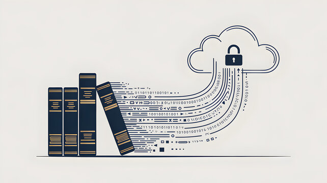 Data security concept with books and digital lock. Cyber protection shield for knowledge and information storage.