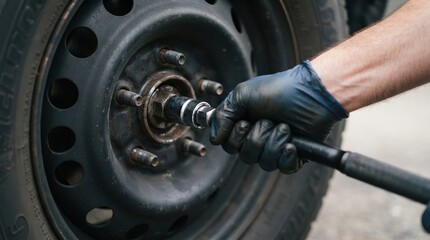 Fototapeta premium Mechanic tightening lug nut on a car wheel with a socket wrench in an auto repair shop