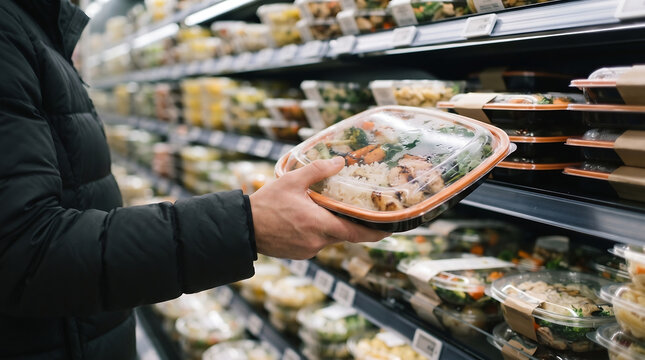 A hand picking up a fresh prepared meal in a plastic container from a refrigerated display case at a grocery store with supermarket shopping customer selection