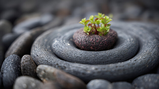 Succulent plant emerges from the center of a circular formation of dark textured river stones.