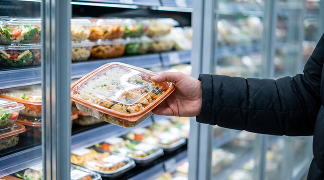 Person selecting prepackaged lunch container from refrigerated grocery store display showcasing variety of healthy meal options for busy individuals seeking quick nutrition.