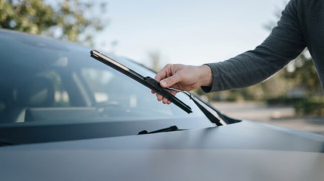 Man replacing a windshield wiper on his car, vehicle maintenance concept for automotive care