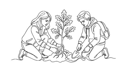 Obraz premium Children planting a young oak tree, environmental conservation and nature concept, line art illustration