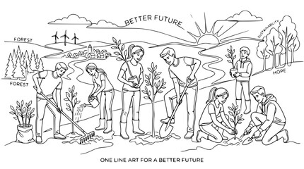 Obraz premium Team Planting Trees for a Sustainable Future, Line Art