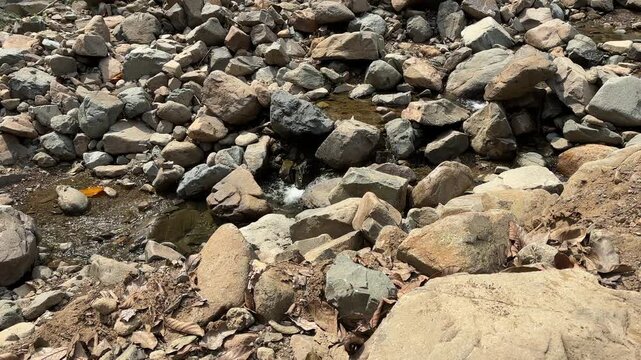 Rocky stream bed with clear water stones leaves and a single orange leaf