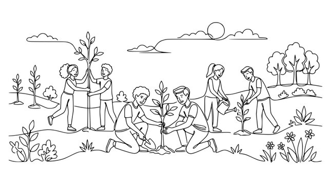 Community planting trees in a park, environmental care, teamwork, nature, outdoor activity