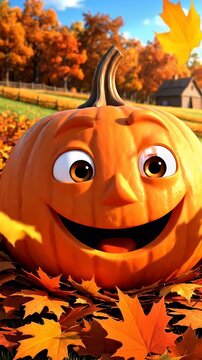 Smiling cartoon pumpkin on a bed of fall leaves.