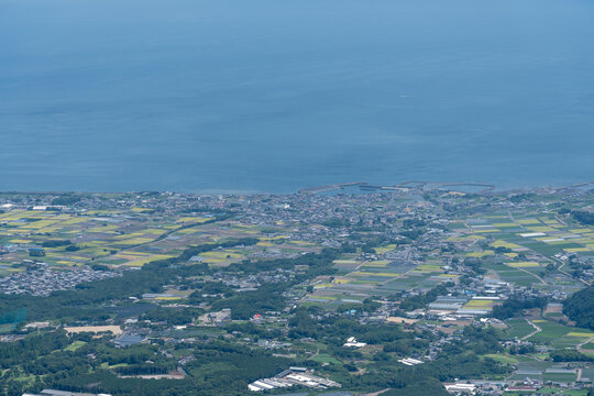 Telephoto Bird Eye View of Shimabara Countryside and Fishing Port