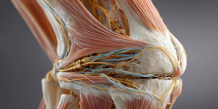 Close up of anatomical human knee joint showing muscles, nerves, and tendons in medical illustration style.