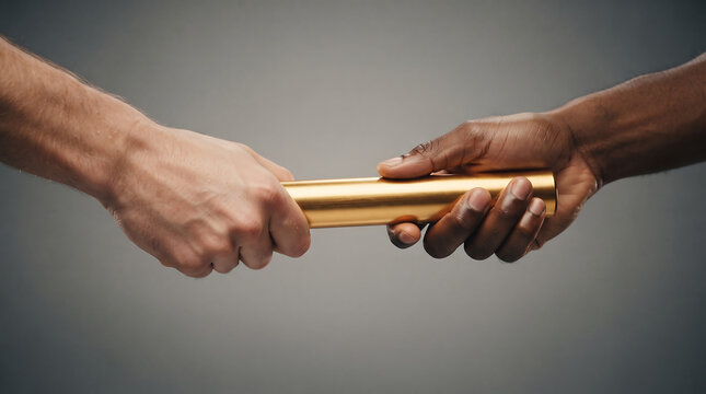 Close up of two male hands one white and one black passing a golden relay baton during a race symbolizing teamwork and cooperation.