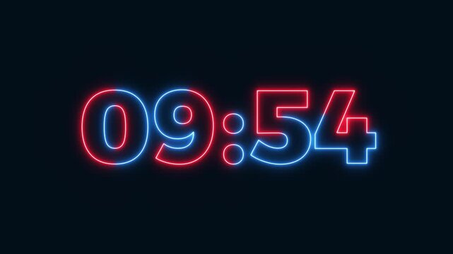 Glowing neon 10 minute to 9 minute count down animation from 600 seconds to 540 seconds on a transparent background.Ten minute count to down nine minute timer,clock,watch.