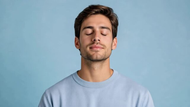 Young man with eyes closed smiling peacefully against a blue background