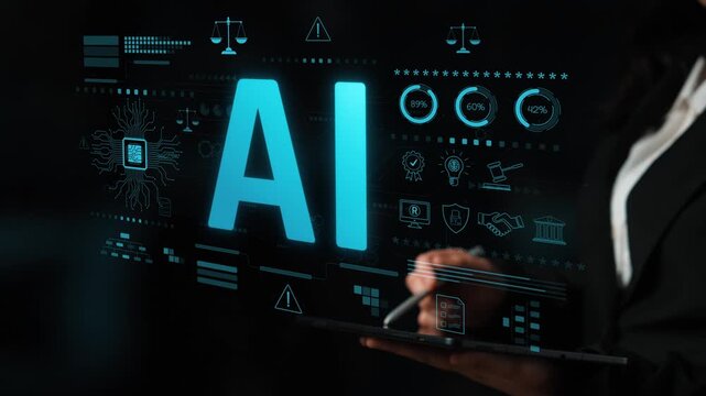 AI circuit microchip with glowing blue lines, surrounded by legal scales, warning symbols, data sheets, and binary codes, representing ethical AI, AI governance, and data integrity Marrow