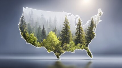 Obraz premium Map silhouette of united states filled with dense green forest trees landscape scenery