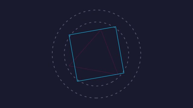 Abstract geometric motion graphics, rotating blue square with dashed circles, futuristic HUD interface animation