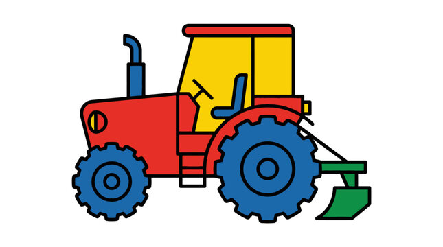 Vibrant cartoon farm tractor pulling a plow, illustrated with bright colors in a simplified style, representing agricultural work and rural machinery for various design projects