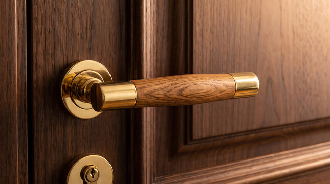 Traditional dark wood door featuring a brass handle and a matching metal keyhole escutcheon interior hardware entryway architecture furniture metallic entrance