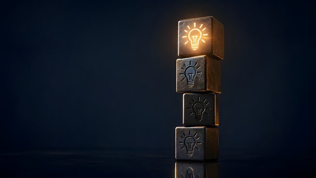 Dark metallic block stack featuring top glowing lightbulb icon. Concept of creative business leadership, disruptive innovation, and strategic problem solving hierarchy.