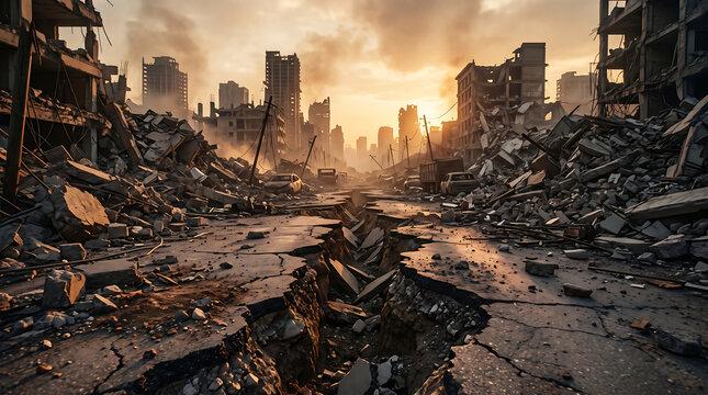 Wasteland landscape of destroyed city ruins at sunset conceptual view of post-disaster urban environment with destruction apocalypse disaster collapsed devastation