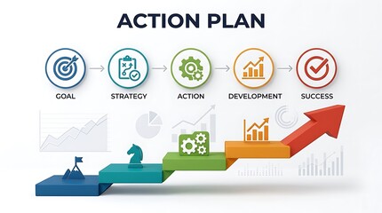 Action plan infographic with goal strategy action development success steps