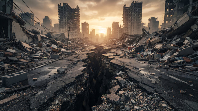 Ruined cityscape post-apocalyptic urban destruction ruins after disaster war or catastrophe sunset scene with destruction apocalypse disaster collapsed devastation
