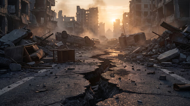 Post apocalyptic city ruins after massive earthquake showing deep road crack and destroyed buildings during sunset with smoke and rubble covering desolate urban landscape.