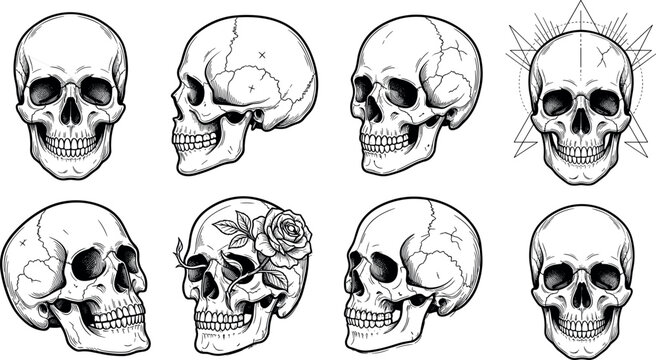 Human Skull Vector Illustration Set Featuring Anatomical Cranium Designs in Various Angles with Sacred Geometry Patterns and Vintage Rose Tattoo Elements
