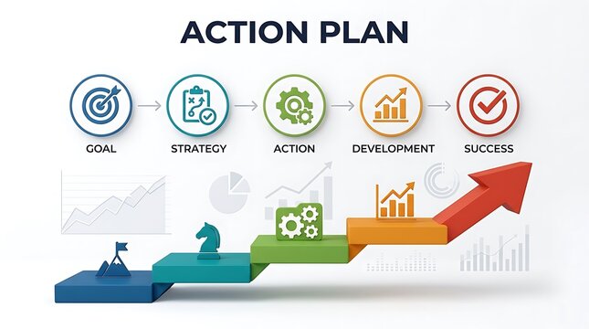 Action plan infographic with goal strategy action development success steps