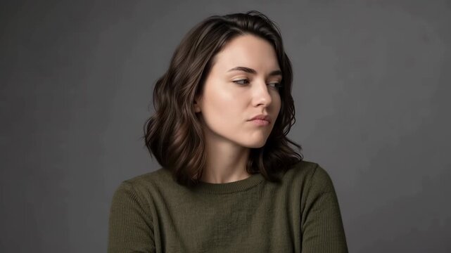 Young woman with dark curly hair wearing a green sweater looking skeptical