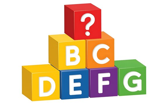 Seven colorful blocks pyramid arrangement letters D E F B C G red question mark sequence puzzle curiosity
