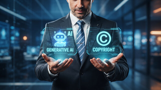 Professional man in suit presenting holographic AI and copyright symbols as digital assets for intellectual property protection in modern business technology