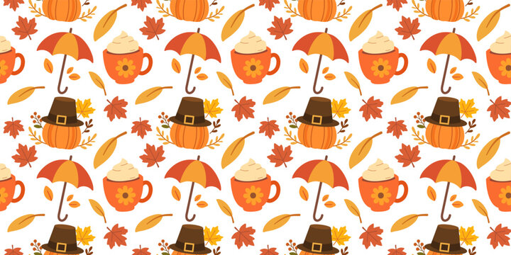 pilgrim hat umbrella and warm coffee cup seamless pattern
