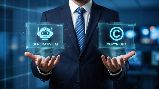 Businessman presenting virtual concept of generative ai technology integrated with legal intellectual property protection standards copyright ownership digital safety measures.